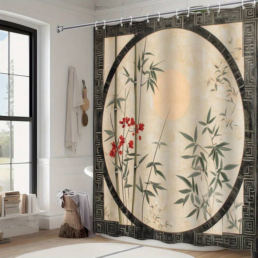 1pc Chinese Ink Painting Shower Curtain, Bamboo Flower Pattern, With Frame Design, Polyester Fabric Bathroom Decor, 12 Hooks, 70.8X70.8 Inch - A - Xem 1