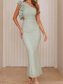 Women's Elegant Green Maxi One-Shoulder Dress With Ruffle Trim, Suitable For Weddings, Galas, Cocktail Parties, Sexy - Mint Green - View 10