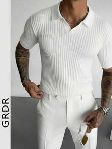 GRDR 男士夏季纯色 Polo 领短袖针织衫，适合夏季外出穿着，时尚造型必备单品 - 白色 - 查看 3