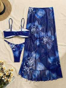 3pcs Women's Floral Print Elegant Sexy Backless 3D Flower Beach Dress Bikini Set, Spring/Summer Vacation - 藍色 - 查看 3