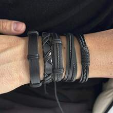 Bộ 5 vòng tay thủ công phong cách Punk, có thể phối hợp nhiều kiểu, đeo xếp lớp, làm từ da PU, trang sức Punk dành cho nam, quà tặng nam. - màu đen - Xem 5