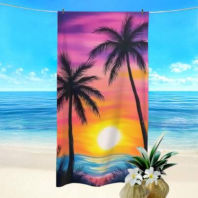 1pc Plant & Coconut Tree Sunset Landscape Printed Beach Towel, Super Absorbent Quick Dry Towel For Swimming, Soft & Lightweight Beach Blanket, Ideal For Beach, Swimming, Outdoor Camping Travel, Essential Beach Gear