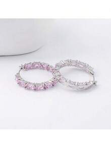 These Minimalist And Elegant 925 Sterling Silver Earrings, Featuring Cubic Zirconia Gemstones In A Geometric Square Design, Are Perfect For Wearing At Banquets, Weddings, And Parties. - Pink - View 8