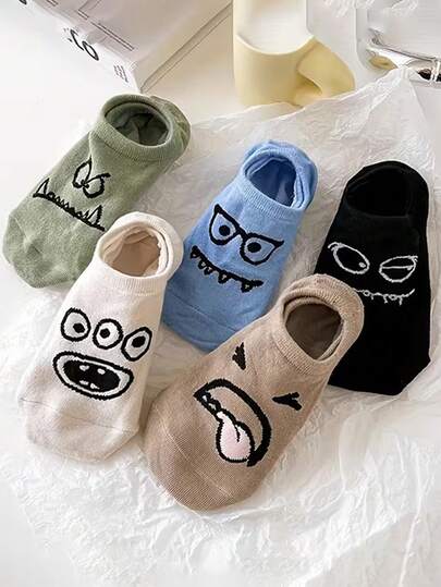 5 Pairs Women's Funny Expression Ankle Socks - Colorful Cartoon Patterns, Breathable & Washable, Casual Fashion Accessory, Comfortable & Versatile