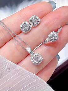 1 pieza Juego de joyas de lujo con circonita cúbica, elegante combinación de collar, aretes y anillo para mujeres, regalo perfecto, regalo de cumpleaños - Plateado - Ver 2