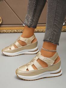 Women's Wedge Heel Thick Sole Sneakers Summer New Style Women's Casual Flat Shoes Breathable Women's Shoes (Size Runs Small 1 Size) - Gold - View 3