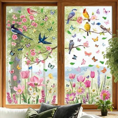 4pcs Reusable PVC Static Cling Window Film With Bird, Branch, Flower And Butterfly Patterns, Matte Privacy Covering For Glass Doors, Mirrors, Windows And Decorative Glass Panels