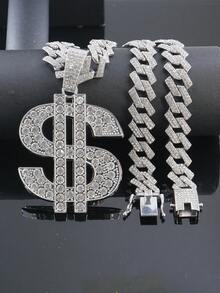 1 Set Dollar Sign Fully Paved Pendant 15mm Rhombus Cuban Link Necklace & Bracelet, Men's Red Dial Watch, Hip Hop Style Accessories Set For Men - Red - View 14