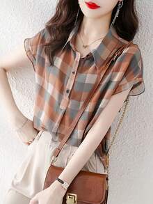 YUXIN Chiffon Short Sleeve Shirt For Women, Summer, Loose Design Plaid Print Blouse - Coffee Brown - View 5