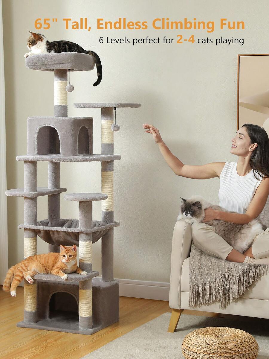 PAWZ Road 164 Cm High Cat Tower With Spacious Hammocks, Caves And Scratching Posts, Cat House With Double Padded Perches For Large Indoor Cats - Xám - Xem 1
