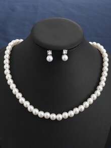 1 Necklace 1 Pair Earrings Simple Rhinestone Faux Pearl Micro-Inlaid Fashion Versatile Stud Earrings High-End Design Elegant Earrings Jewelry Set Suitable For Women's Daily And Festive Wear - White - View 8