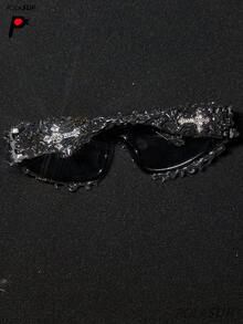 1pc Heart & Cross Rhinestone Embedded Futuristic Punk European And American Party Hip-Hop Fashion Glasses, New Irregular Shape Drip Glue Fashion Glasses, Personalized Street Dark Cyberpunk Fashion Glasses, Large Irregular Frame European And American Dark Street Fashion Personalized Fashion Glasses, UV Protection Holiday Party Drip Glue Goggles, Street Fashion Handmade Drip Glue Spiky Punk Cool Fashion Glasses - Multicolor - View 9