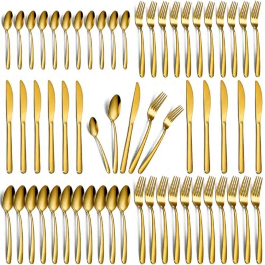60-Piece Gold Silverware Set - Stainless Steel Silverware Set For 12 Includes Forks Spoons And Knives Utensil Sets For Home Kitchen Restaurant Dishwasher - 金色60件組銀器 - 查看 1