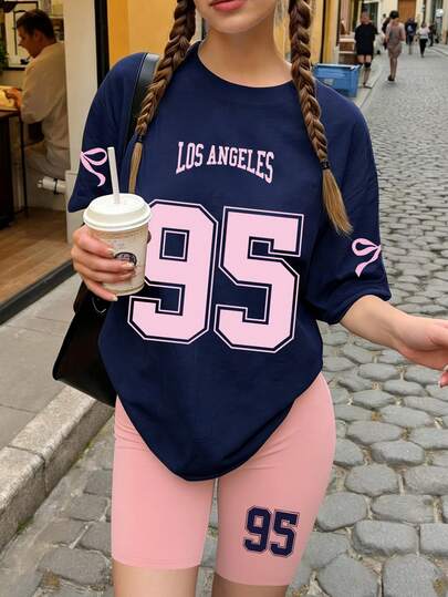 两件套少女字母印花短袖T恤和图案短裤，时尚简约风格两件套，适合日常穿着、上学等场合，多种时尚设计，夏季必备