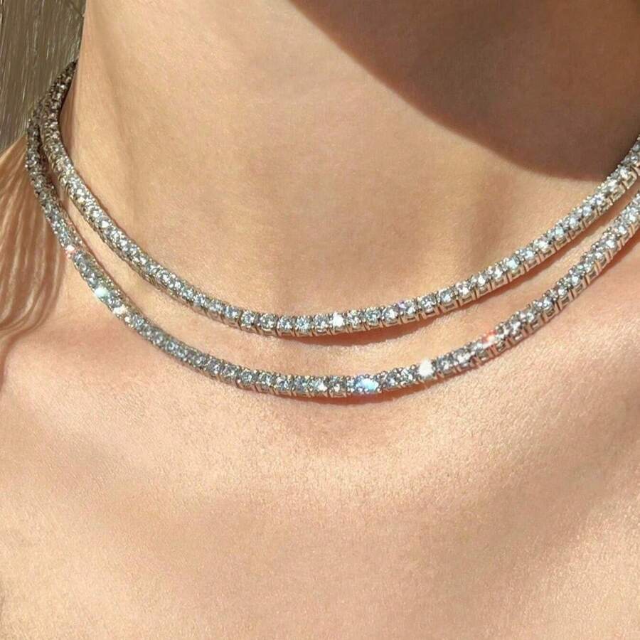 2pcs Women's Rhinestone Necklace Set, Formal Occasion Necklace - Silver - View 1