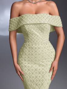 AMILUCK 新款奢华高端亮片蕾丝露肩荷叶边开衩优雅连衣裙，适合正式场合、派对、红毯、婚礼等春季派对。 - 淡黃色 - 查看 5