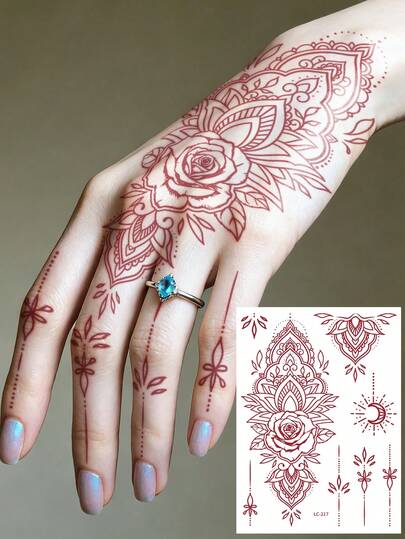 指甲花蕾丝流苏图案，酒红色曼海蒂临时纹身贴纸，曼陀罗设计，斋月版，DIY婚礼，闪亮音乐节，狂欢节，情人节，派对礼品，适用于手腕、脚踝、肩膀、脖子、锁骨、身体皮肤