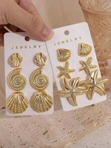 6件套时尚金属质感夏季度假风海星、贝壳、海螺多元素耳环，女士时尚耳环，轻盈CCB材质，适合日常佩戴 - 金色 - 查看 1