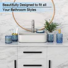5-Piece Blue Diamond-Cut Glass Bathroom Accessories Set, Includes Soap Dispenser, Soap Dish, Toothbrush Holder, Tumbler & Cotton Swab Jars, Modern Crystal Decor For Bathroom - Housewarming Gift - Màu xanh lam - Xem 4
