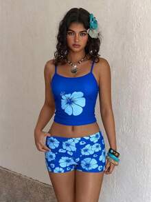 Traje de baño de mujer, conjunto de bikini con estampado floral, top con sujetador acolchado y shorts, estilo bohemio, adecuado para vacaciones, playa, natación y deportes, aplicable para otoño/invierno y primavera/verano SS26 - azul real - Ver 6