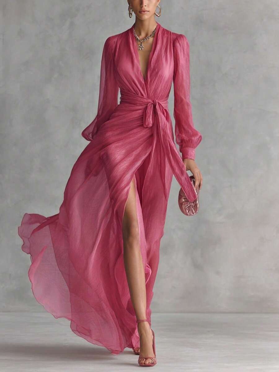 Women's Elegant V Neck Short Sleeve Dress, Split Hem Tie Waist Dress For Office & Wedding - 玫瑰紅 - 查看 1