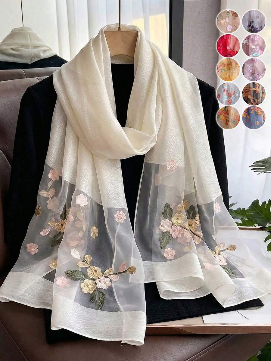 1pc Women's Elegant Hollow Faux Pearl Plaid Pattern Silk Scarf, Printed With Beautiful Flowers, Solid Color Shawl, Casual Headscarf And Neck Scarf, Suitable For Daily Wear And Summer Beach Sun Protection, Perfectly Matches Dresses, Suitable For All Seasons - Multicolor - View 1