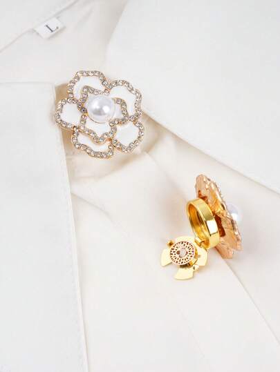 2pcs Set Camellia Cufflinks Button Covers Clips, Luxury Black & White Enamel Floral Shirt Cuff Links With Pearl & Crystal Rhinestones, Elegant Rose Shape Button Clips For Formal Business Wedding Party, Premium Gold-Tone Metal Shirt Accessories For Men And Women