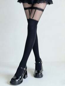 1 Pair Faux Thigh High Stockings, Black Lace Heart Print, Faux Garter Heart Leg Garter Tights, Japanese Style Slimming Black Pantyhose For Women - Black - View 4