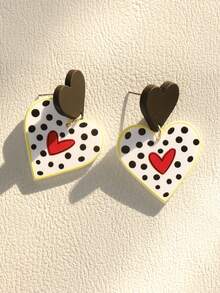 一对可爱浪漫的法式黑色波点红色爱心涂鸦亚克力吊坠耳环，送给女性的礼物，适合音乐节、节日派对等场合 - 黑與白 - 查看 5