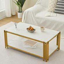 Rectangular Coffee Table With Metal Legs, Marble-Effect Tabletop, Modern Living Room Furniture, White And Gold – H46/W1140/D64 Cm - View 5