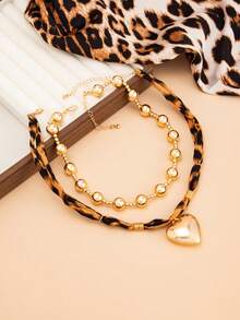 2件套波西米亚几何串珠心形吊坠豹纹项链，简约优雅，适合日常休闲、派对、街头风、情侣约会、度假、节日生日等场合，百搭饰品，是馈赠佳品。 - 項鍊 - 查看 5