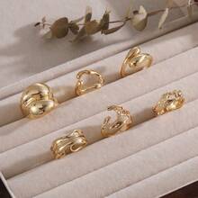 不对称镂空金色开口戒指套装，欧美时尚小众设计，百搭 - 金色不規則鏤空開口戒指歐 - 查看 2