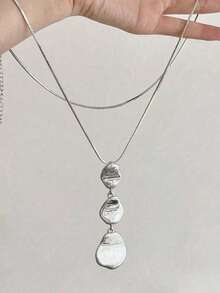1pc Fashionable Minimalist Asymmetric Geometric Alloy Pendant Long Necklace, Handmade Bohemian Style Pendant Necklace, Long Necklace, Available In 2 Colors, Stylish Elegant Retro, Suitable For Daily Wear - Irregular Geometric Pendant - View 2