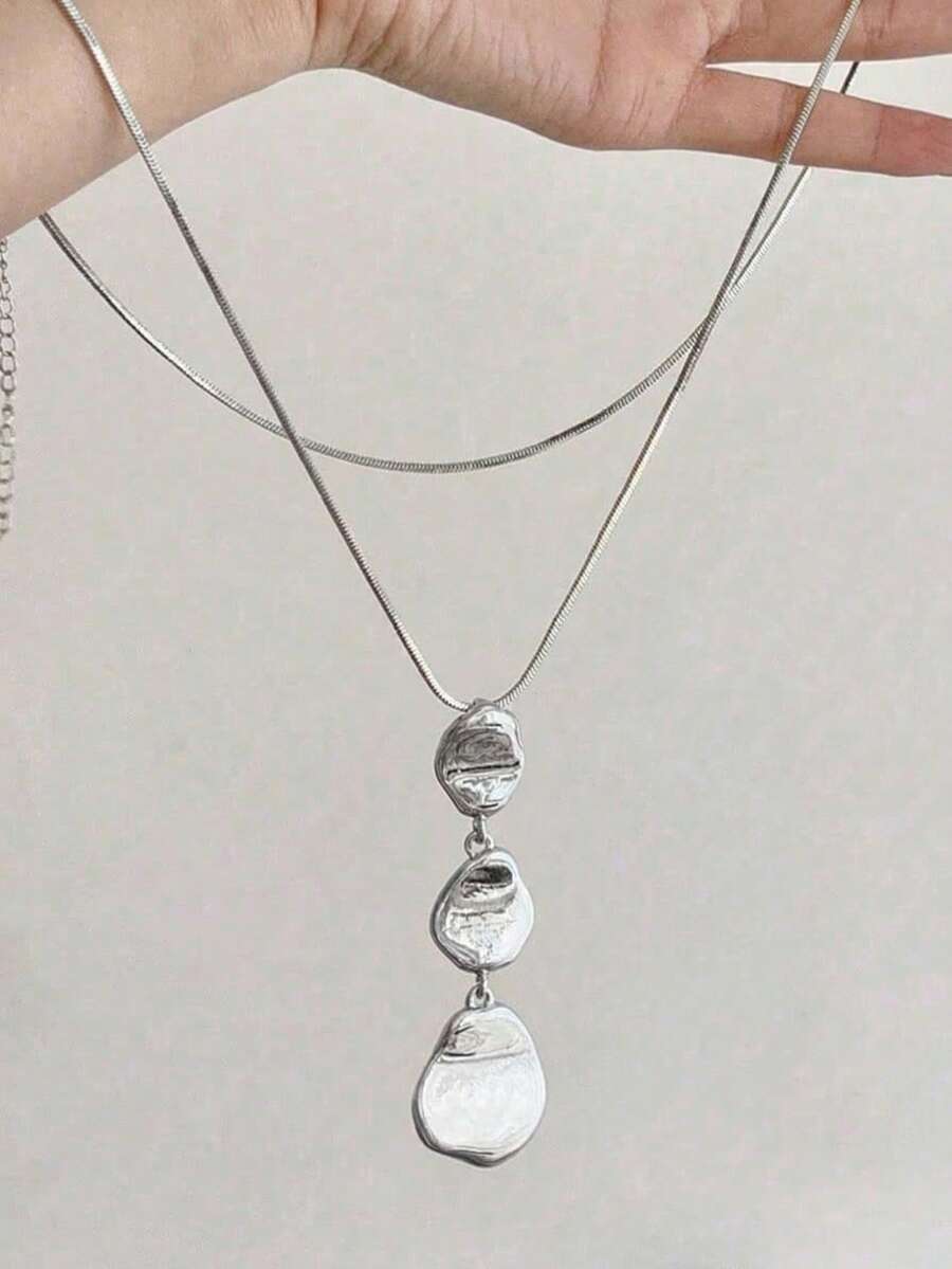 1pc Fashionable Minimalist Asymmetric Geometric Alloy Pendant Long Necklace, Handmade Bohemian Style Pendant Necklace, Long Necklace, Available In 2 Colors, Stylish Elegant Retro, Suitable For Daily Wear