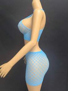 Bộ 2 món gồm áo croptop và chân váy lưới xuyên thấu gợi cảm, độ co giãn tuyệt vời, phù hợp với mọi dáng người, thích hợp mặc hàng ngày, dự tiệc biển, làm đồ lót, trang phục gợi cảm cho nữ. - Màu xanh nhạt - Xem 2