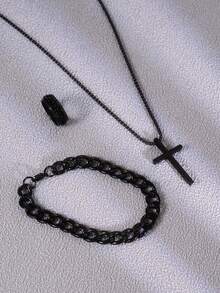 Set de 3 piezas de pulsera, collar y anillo de acero inoxidable, para uso diario de hombres - Negro - Ver 6