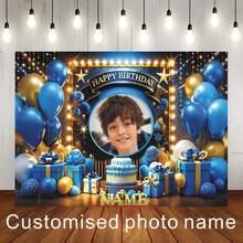 可客製化照片與姓名藍色亮面花卉氣球「Happy Birthday」設計背景布，藍色生日蛋糕禮盒裝飾，適用於生日派對蛋糕拍照背景與攝影橫幅 - 藍色 - 查看 7