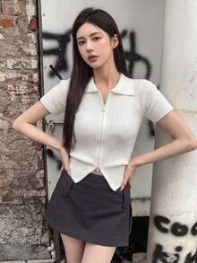 Women's Collared White Reversible Zipper Fitted Cute Casual Commuter Lightweight Knit Short Sleeve Cardigan Top, Summer - White - View 4