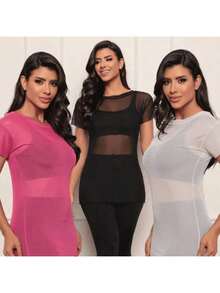 Set Of 3 Plus Size Tulle Blouses For Workout/Gym/Sheer Shirt - 黑色+玫瑰色+紅色 - 查看 2