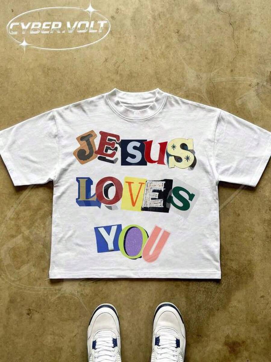 Graphic-Shirt Cotton Tees Size Plus,Jesus Manfinity Y2K Style Print (180g 100% Cotton T-Shirt) - Soft And Breathable, Featuring World Peace And Car Prints, Made Of 100% Cotton Fabric - Comfortable And Bright Summer Street Style Short-Sleeved T-Shirt With Cool Motorcycle Patterns, A Retro Summer Men's Everyday T-Shirt. ,Y2K,Oversized Shirt Men,Summer Tops - 白色 - 查看 1