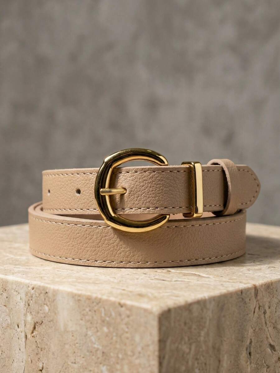 Women's Set Of Thin, Delicate Belts With Gold Metallic Buckle In Minimalist Synthetic Leather 2093 - 米色 - 查看 1