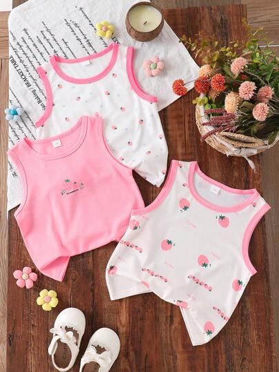 3件套草莓印花无袖上衣，轻薄透气舒适，适合日常穿着、户外休闲，女童背心套装