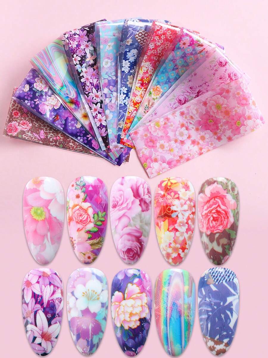 10张花卉美甲贴纸，优雅复古奢华玫瑰、水仙、百合、极光条纹几何图案，充满活力的春夏花卉美甲贴花，星空纸画美甲装饰 - 彩色 - 查看 1