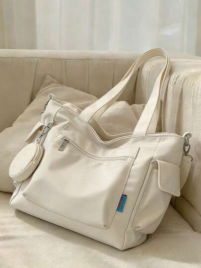 2024 New Fashion Classic Clown Solid Color Large Capacity Trim Pocket 2-In-1 Shoulder Bag, Suitable For Campus Use. This Backpack Is Also Suitable For Teenagers, Women Or Students, With Large Capacity, Waterproof, And A Laptop Compartment, Making It An Ideal Choice For The Back-To-School Season. It Can Be Used As A Student Backpack, Student Tote Bag, Student Handbag, Student Bookbag, Back-To-School Essential, And Also As A Teacher Gift. , Valentines Gifts, Cream Bag