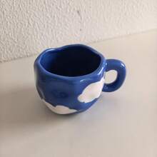 一套釉下彩手工马克杯，可爱早餐牛奶杯，饰以蓝天白云图案，陶瓷水/咖啡杯套装，简约创意不对称杯碟套装，家用 - 藍色 - 查看 3
