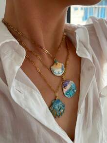 1件海洋风不对称蓝色贝壳和椭圆形珍珠镶嵌不锈钢鱼尾18K镀金项链，防水时尚百搭，女士适用 - 海洋項鍊 - 查看 6