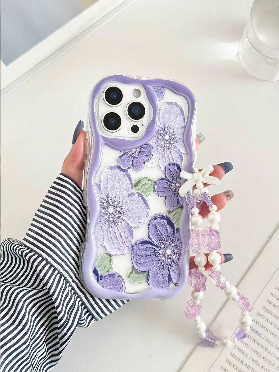花卉图案编织奶油色纹理波浪边亮面保护手机壳,配有串珠手链配件,兼容 17 Pro/17 Air/17/17 Pro Max/16/11/16 Pro/16 Plus/16 Pro Max/16 e/15 Pro Max/13/14/12/XS/XR/7G/8P,Galaxy 11/12 Pro/12/12 X/13 Pro/14 Pro/15 Pro/10/9/Note9/12c/Note11 Pro/Note8 Pro - 彩色 - 查看 1