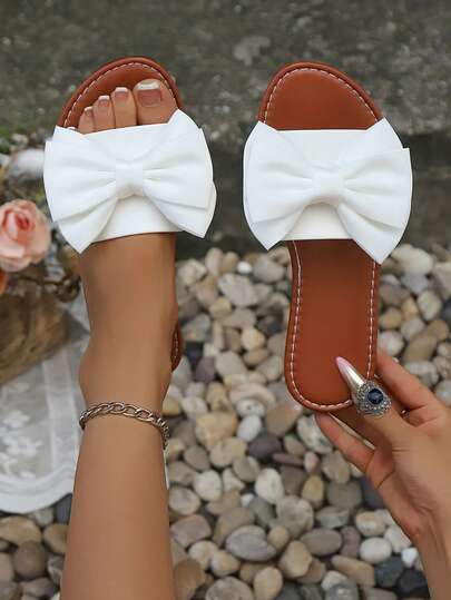 女士时尚夏季蝴蝶结度假风沙滩凉鞋，节日派对生日礼物平底圆头户外拖鞋，适合约会和购物