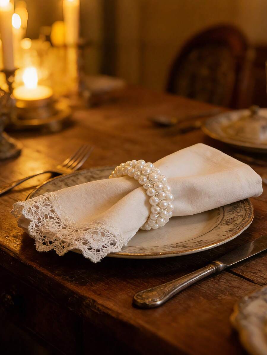 6入組簡約時尚自然風格的白珍珠餐巾環,完美適用於家庭、廚房、餐廳、旅館、農舍、節日、婚禮、派對和家庭晚餐的桌上裝飾 - 白色 - 查看 1