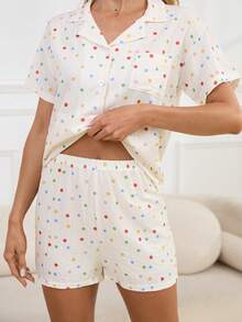 2pcs Women's Spring/Summer Pajama Set, Minimalist & Fashionable Sleepwear Set, Printed Button-Up Cardigan Short Sleeve Pocket Pajama Top And Shorts - Beige - View 6